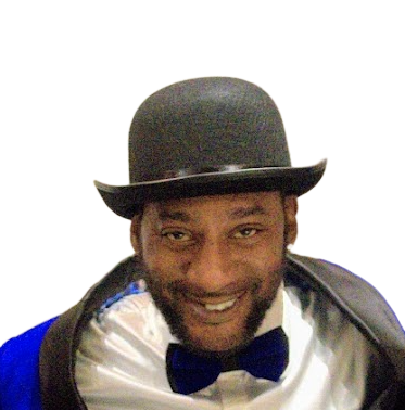 Norman 'Sayf' Ramsay smiling in bowler hat and blue velvet tuxedo