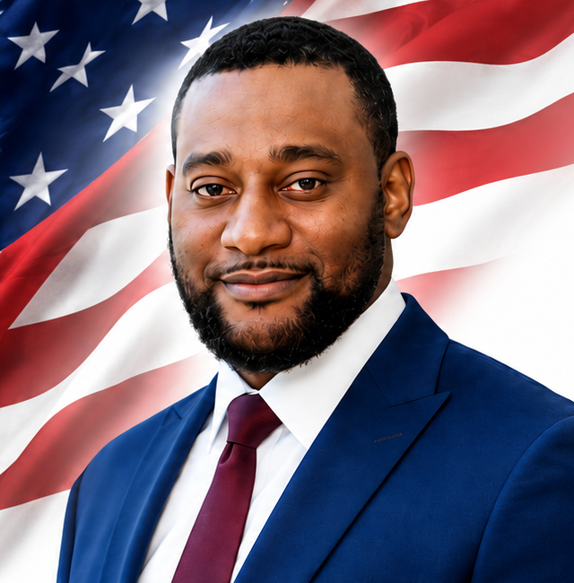 Norman 'Sayf' Ramsay in a navy suit and red tie before the American flag